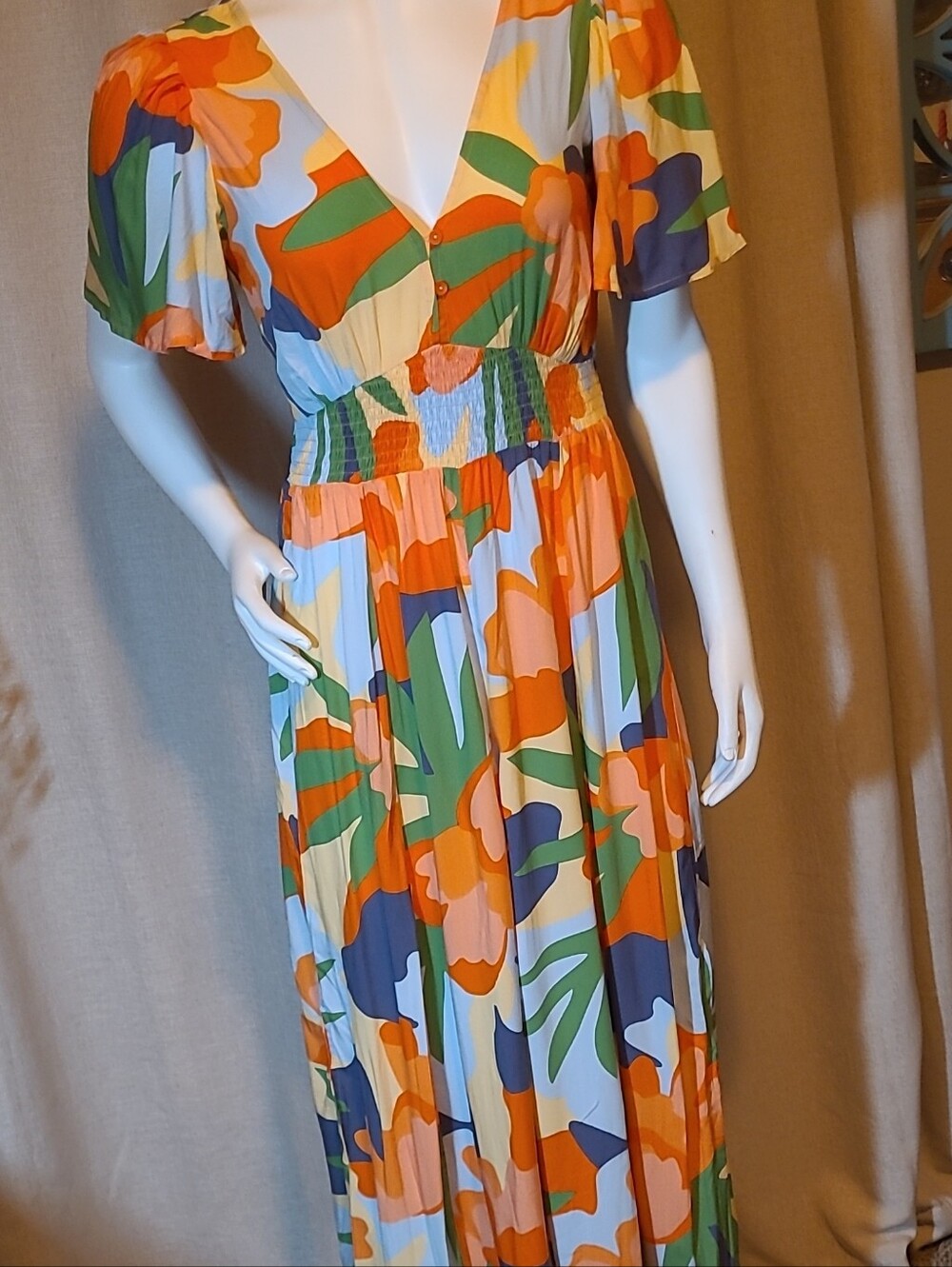 Smocked V-Neck Maxi Dress in Orange, Green & Blue